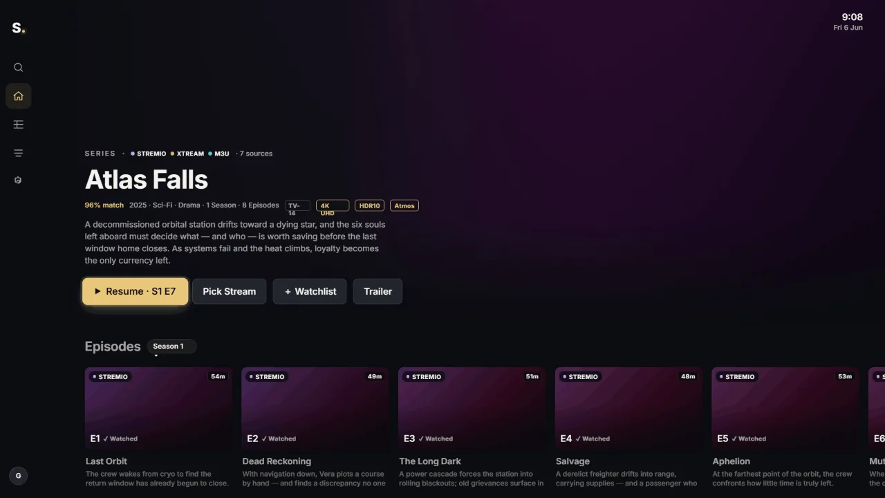 Sylume detail page for a series with synopsis, quality badges and an episode grid