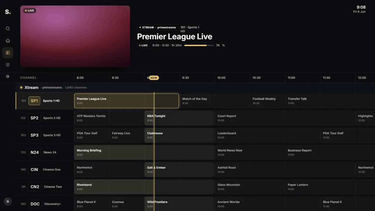 Sylume live TV guide with a channel preview and a programme timeline grid
