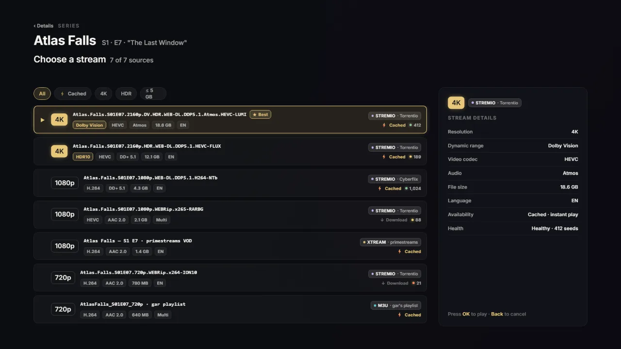 Sylume stream picker listing available streams with resolution, codec and file-size details